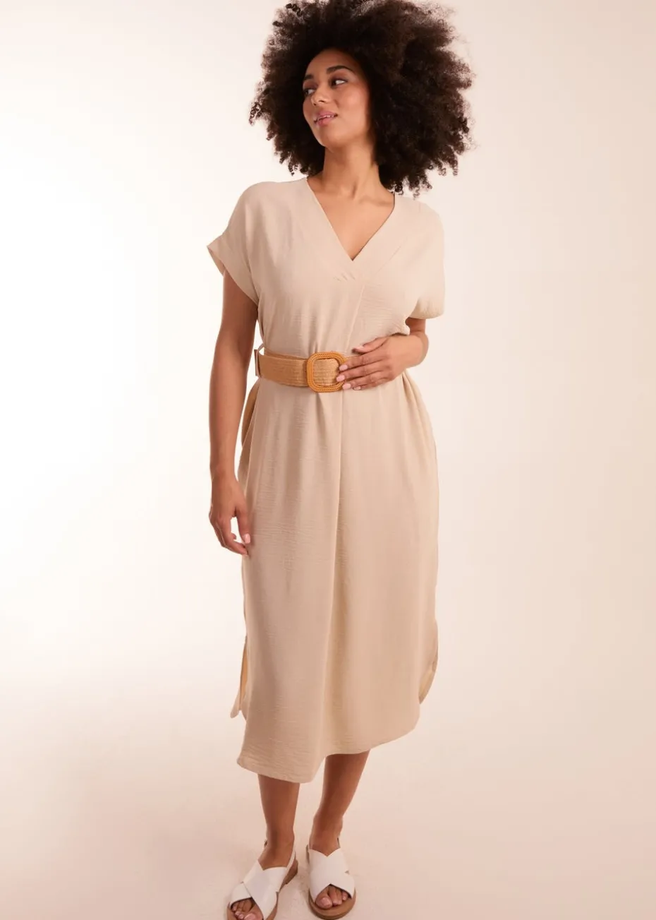 Blue Vanilla Stone Belted V neck Midi Dress