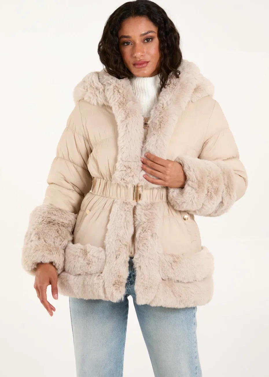 Blue Vanilla Stone Fur Trim Belted Puffer Coat