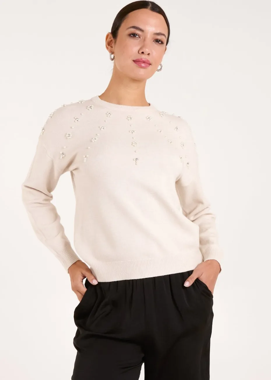 Blue Vanilla Stone Pearl Flower Embellishment Jumper