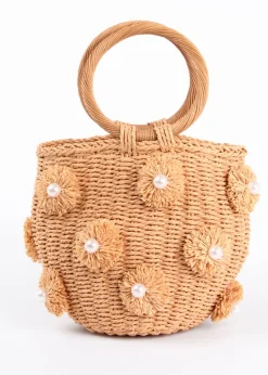 Blue Vanilla Stone Pearl Pompom Mini Woven Handbag