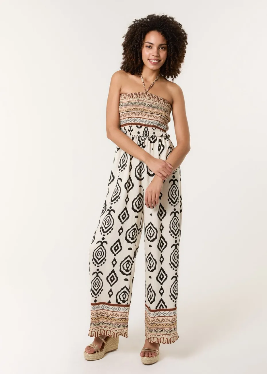 Blue Vanilla Stone Print Strapless Bandeau Shirred Jumpsuit