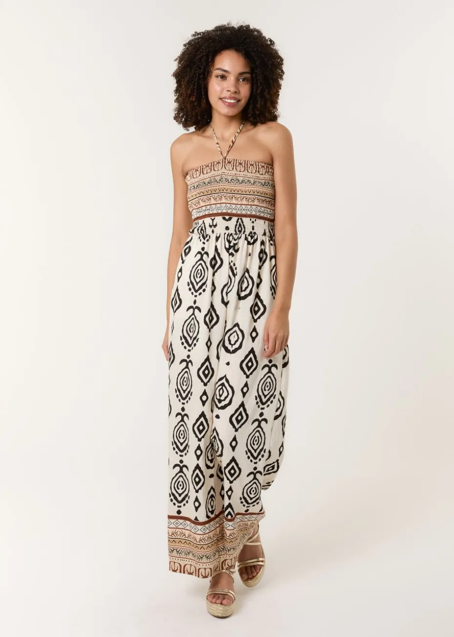 Blue Vanilla Stone Print Strapless Bandeau Shirred Jumpsuit