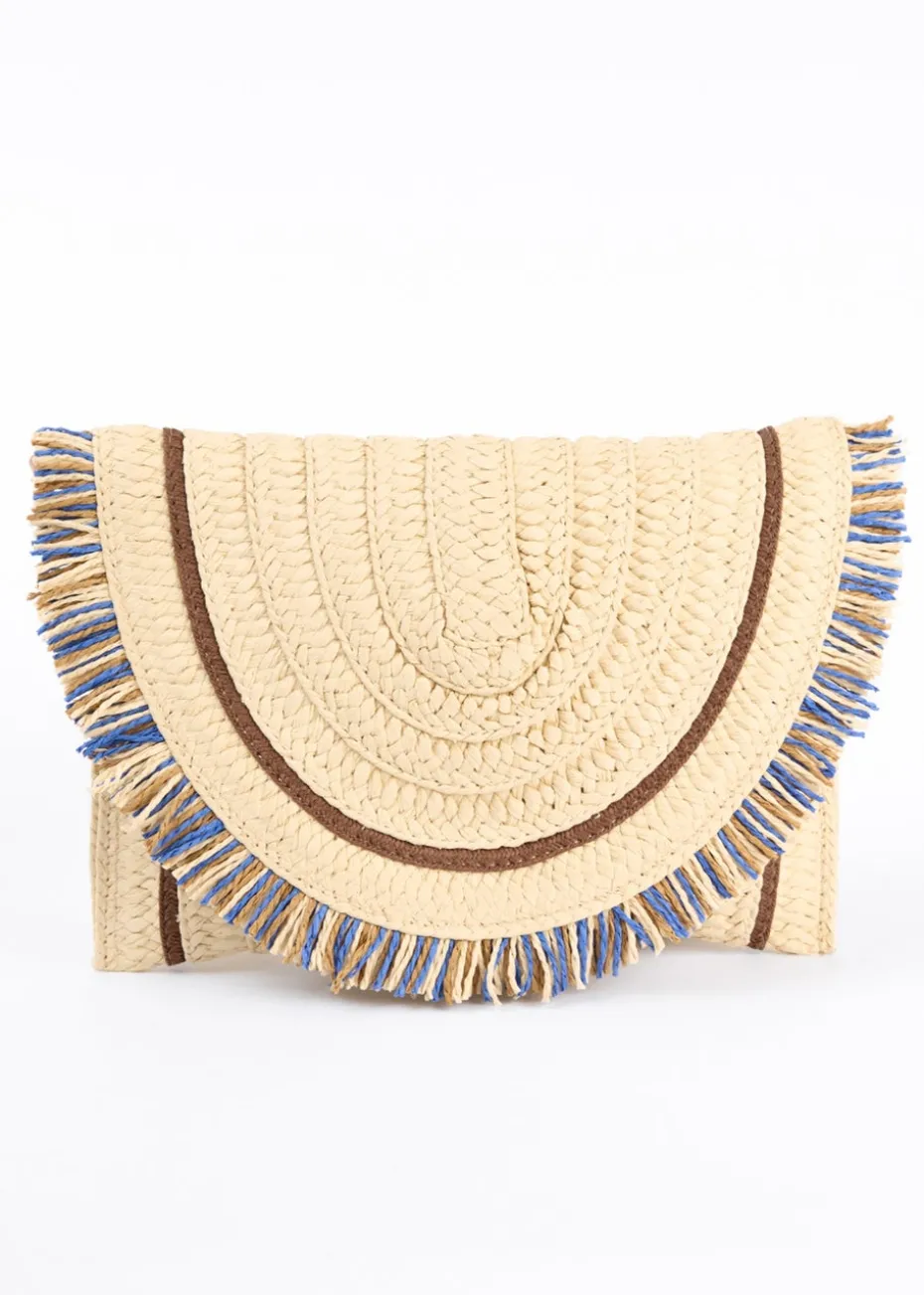 Blue Vanilla Stone Woven Fringe Detail Clutch Bag With Attachable Strap