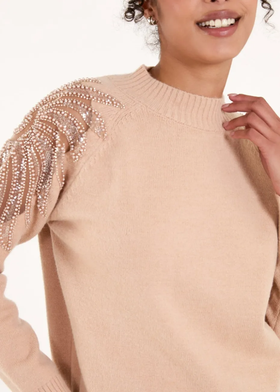 Blue Vanilla Taupe Embroidered Shoulder Knit Jumper