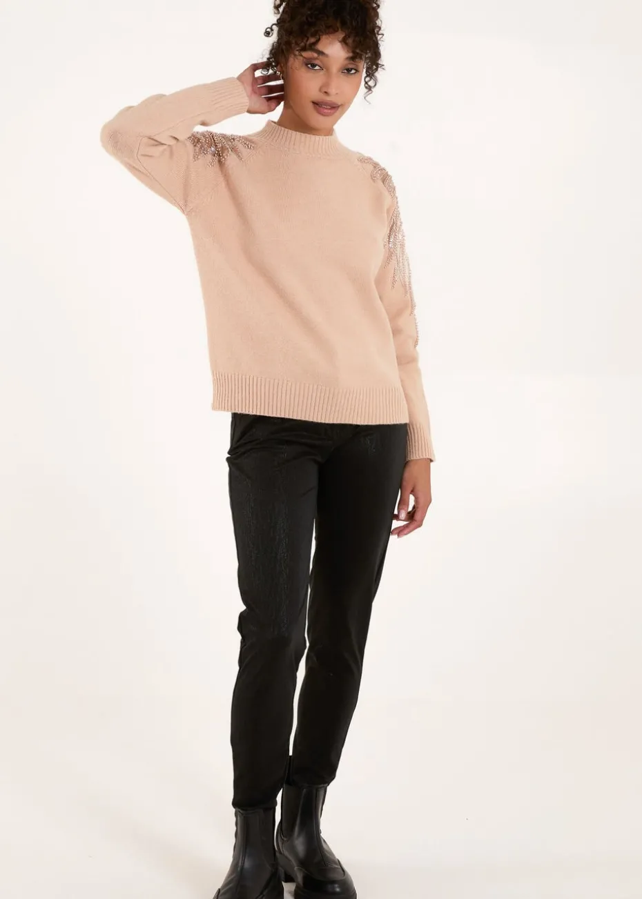 Blue Vanilla Taupe Embroidered Shoulder Knit Jumper