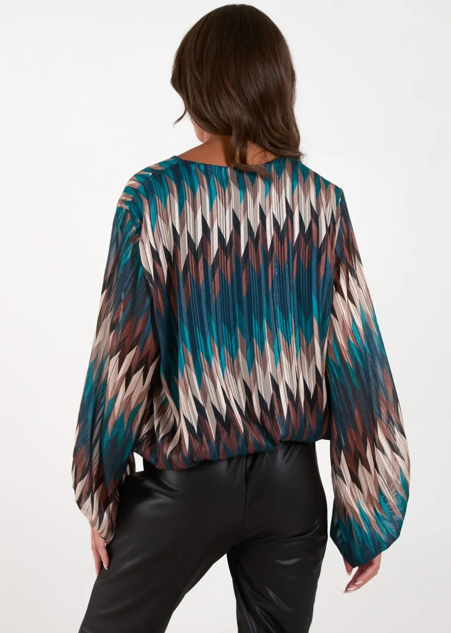 Blue Vanilla Teal Chevron V Neck Blouse