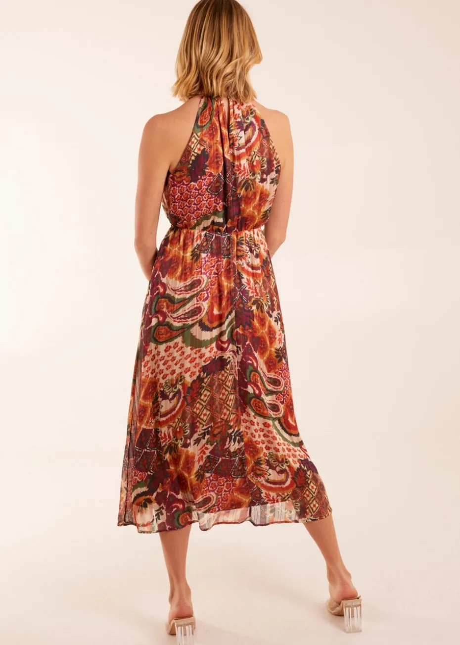 Blue Vanilla Terracotta Halter Neck Tassle Detail Midi Dress