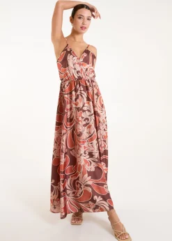 Blue Vanilla Terracotta Paisley Printed Satin Wrap Maxi Dress