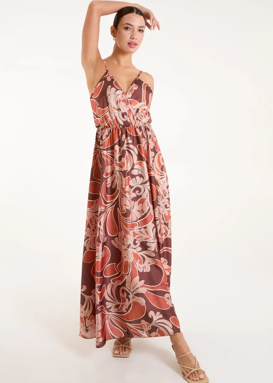 Blue Vanilla Terracotta Paisley Printed Satin Wrap Maxi Dress