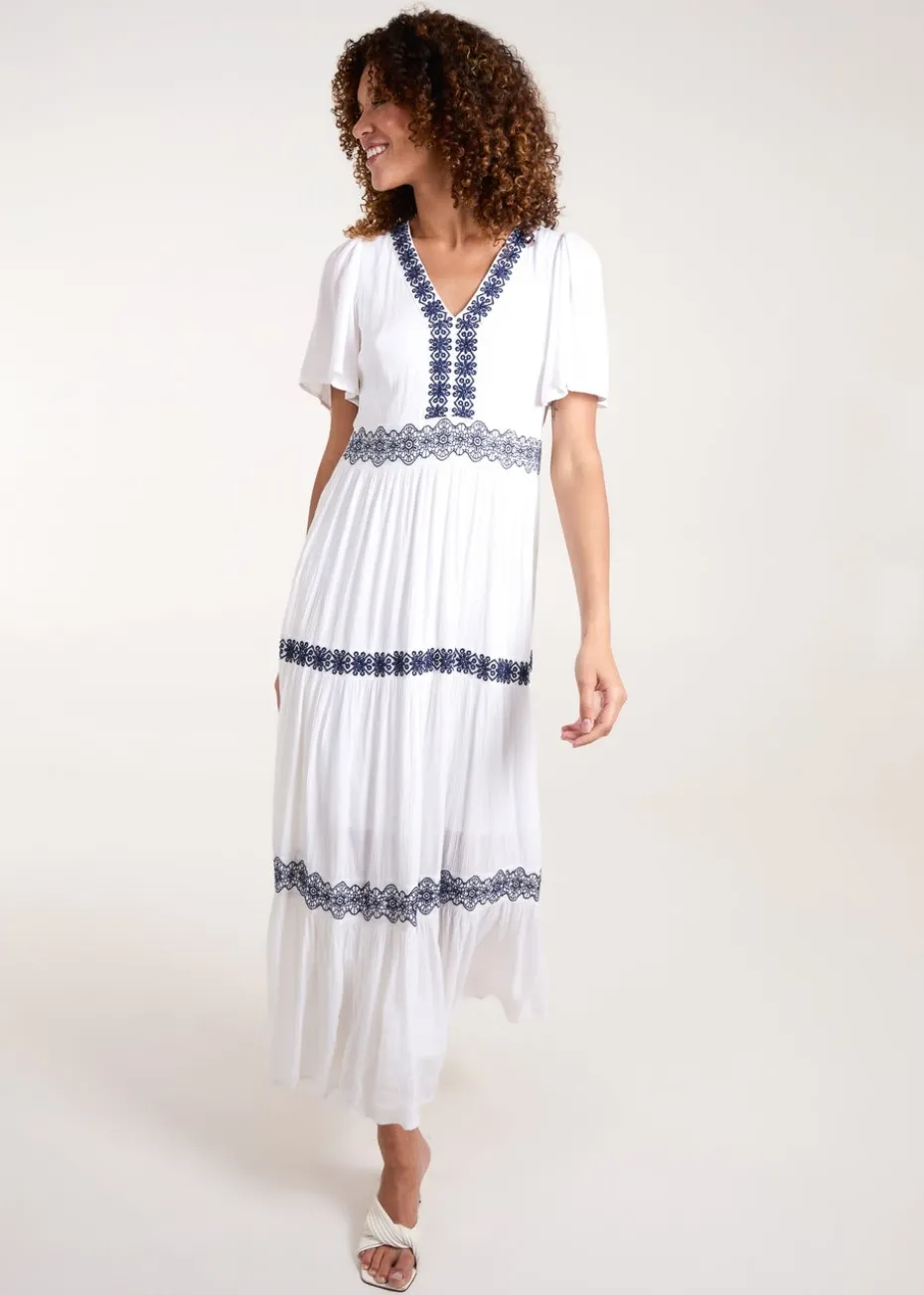 Blue Vanilla White Embroidered Tiered Maxi Dress