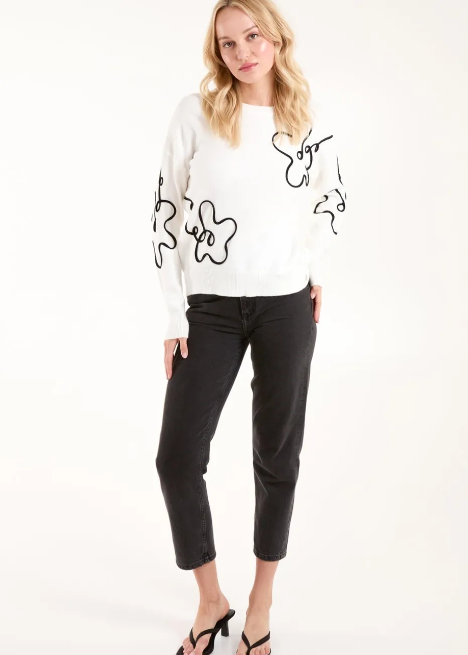 Blue Vanilla White Floral Pattern Sweater