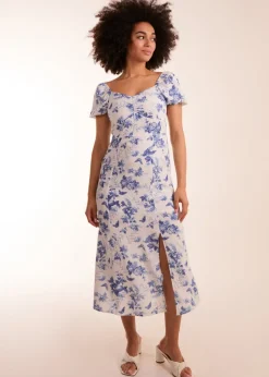 Blue Vanilla White Puff Sleeve Midi Dress With Side Split