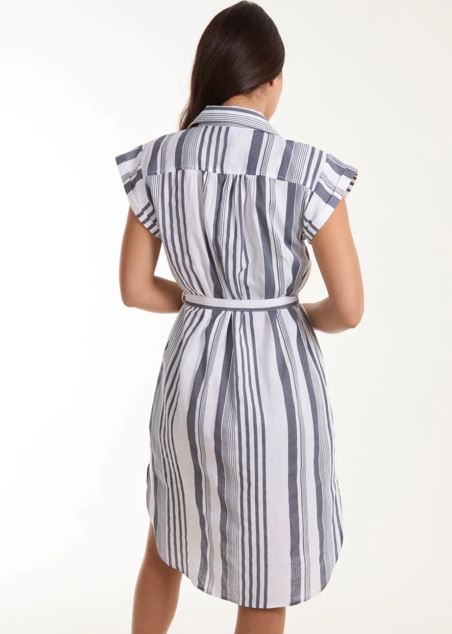 Blue Vanilla White Stripe Button Front Shirt Dress