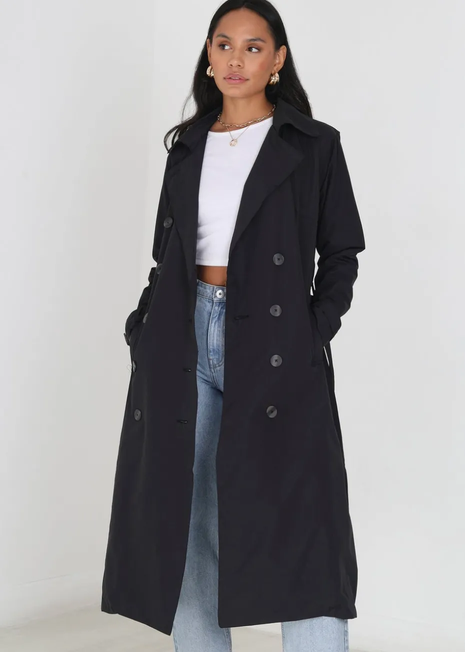 Brave Soul Black Double-Breasted Longline Trench Coat