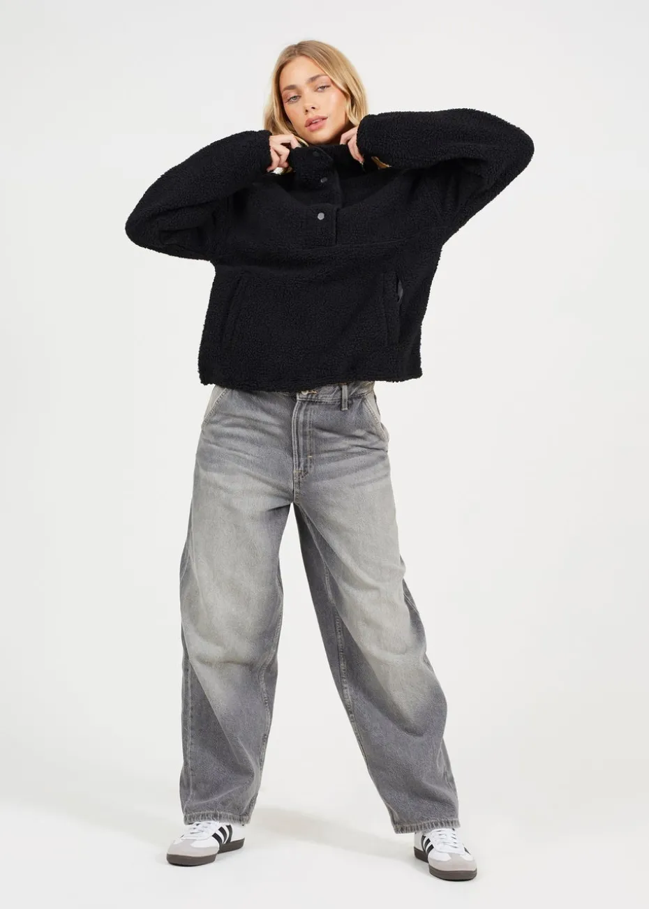 Brave Soul Black Sherpa Quarter Button Neck Fleece