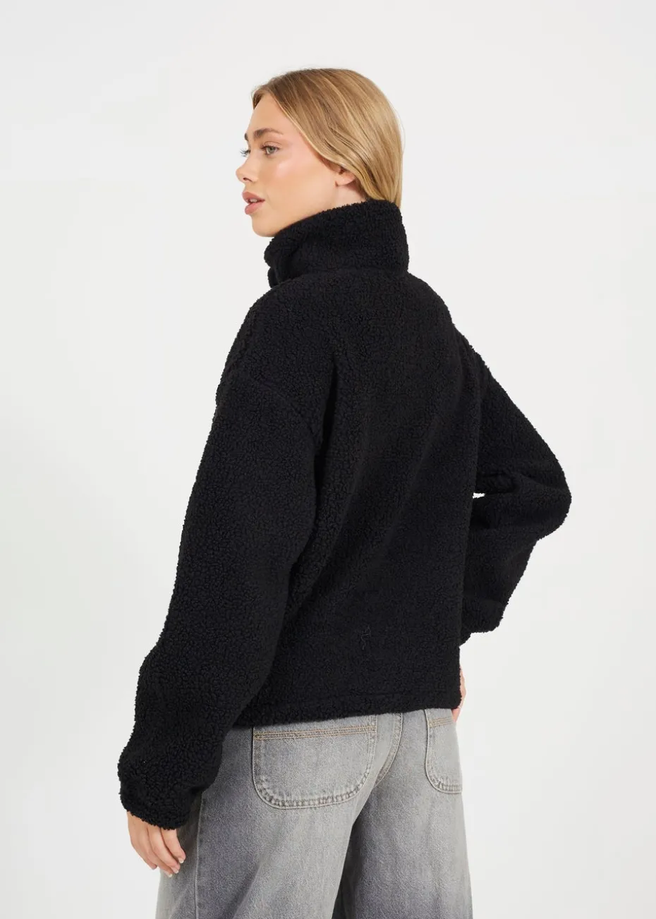 Brave Soul Black Sherpa Quarter Button Neck Fleece