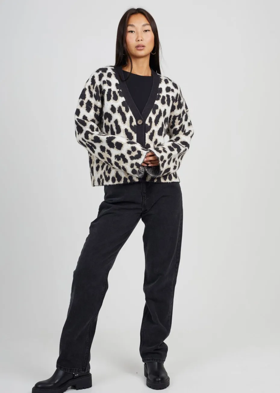 Brave Soul Camel Button Through Animal Print Jacquard Knit Cardigan