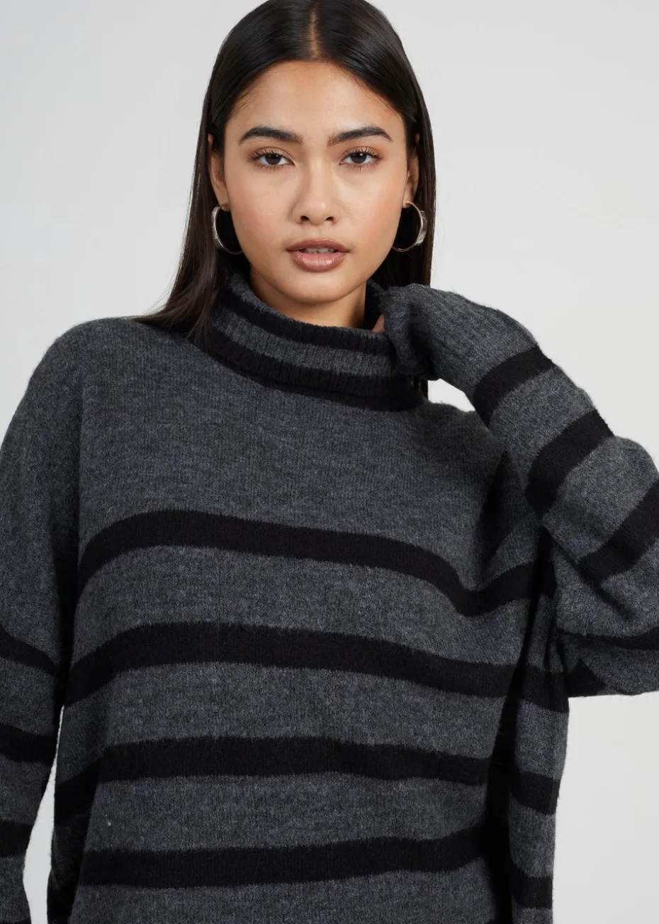 Brave Soul Charcoal Oversized Striped Roll Neck Jumper