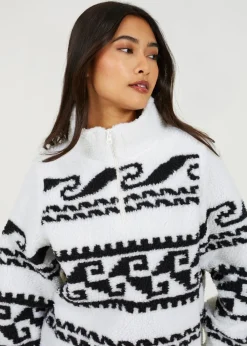 Brave Soul Cream Quarter Zip Printed Sherpa Fleece