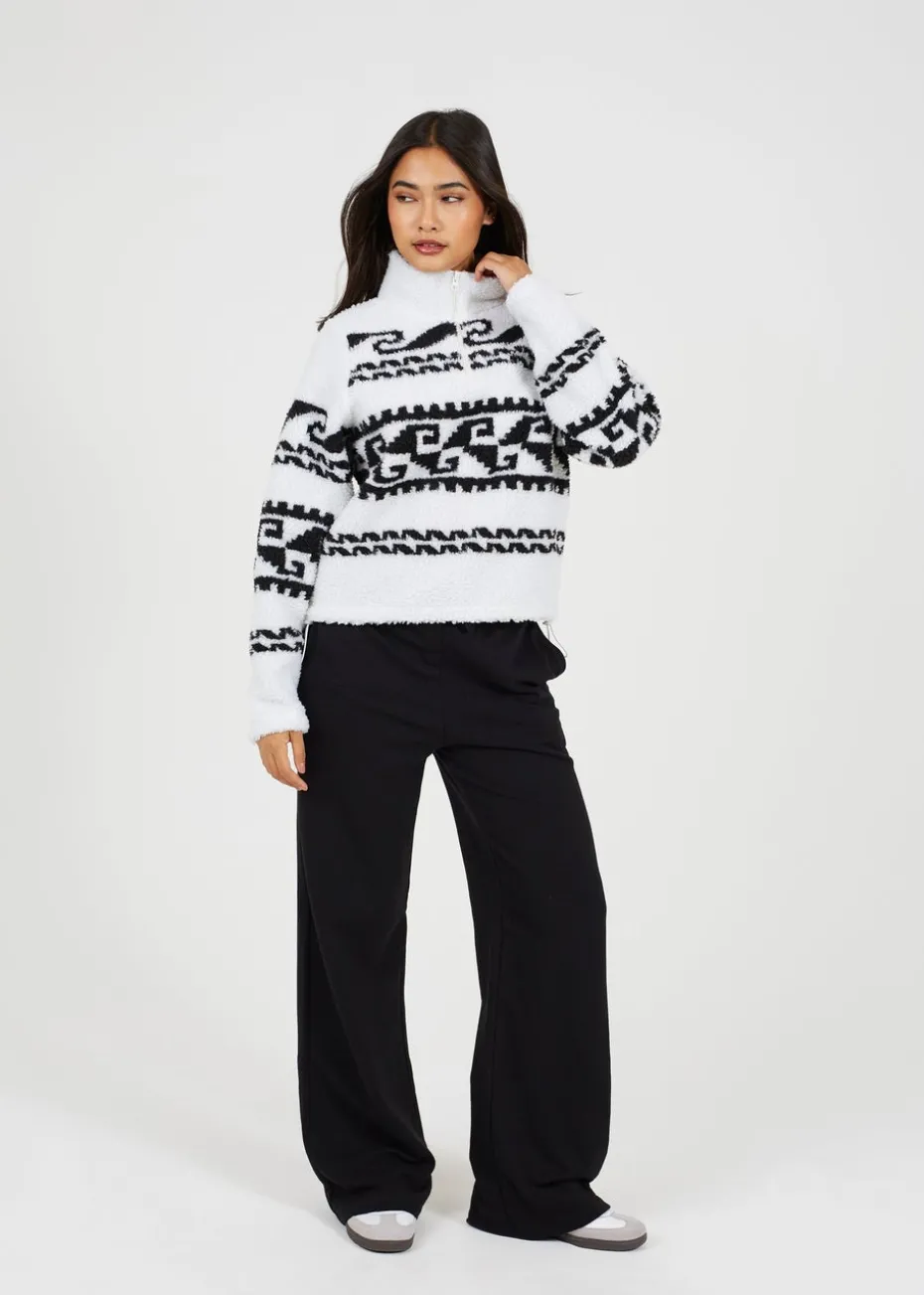 Brave Soul Cream Quarter Zip Printed Sherpa Fleece