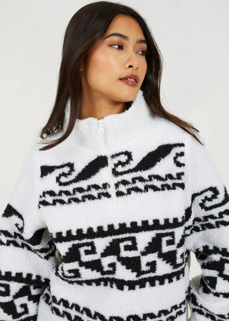 Brave Soul Cream Quarter Zip Printed Sherpa Fleece
