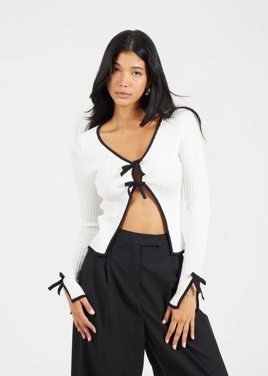 Brave Soul Cream Ribbed Knitted Cardigan with Bow Fastening