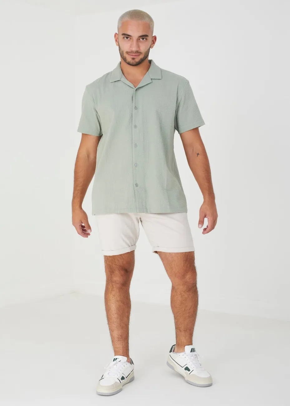 Brave Soul Green Luca Short Sleeve Fine Stripe Revere Collar Shirt