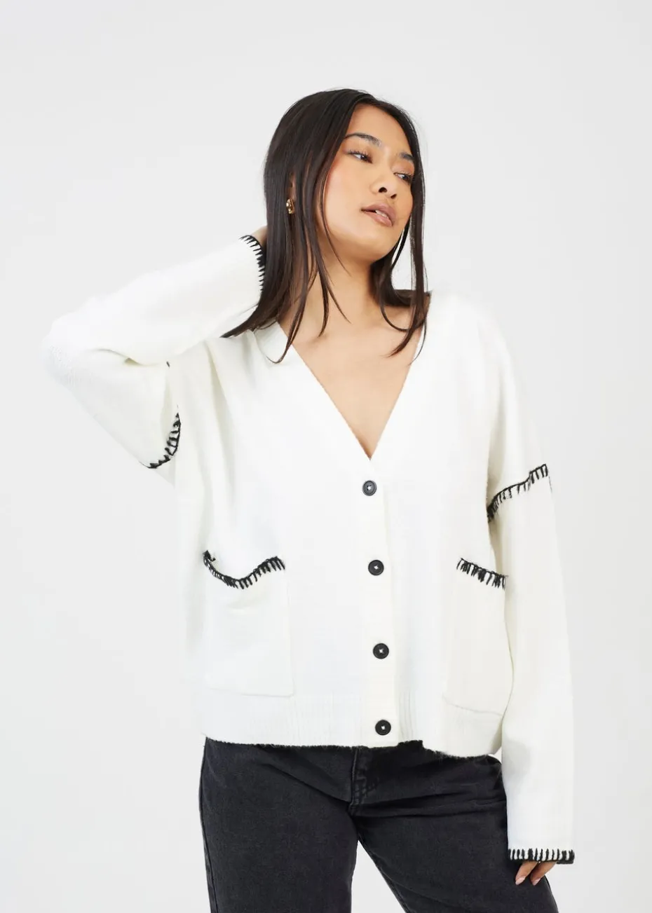 Brave Soul Ivory Contrast Stitch Button Through V-neck Cardigan