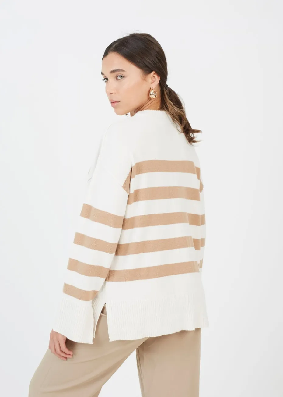 Brave Soul Ivory Striped Loose Fit Jumper with Wide Sleeves