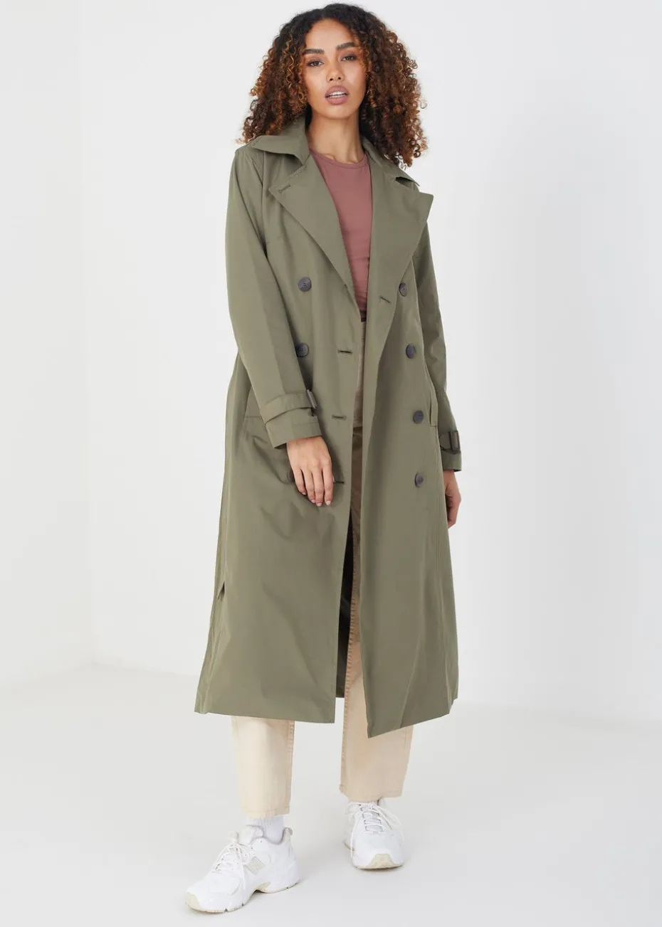 Brave Soul Khaki Double-Breasted Longline Trench Coat