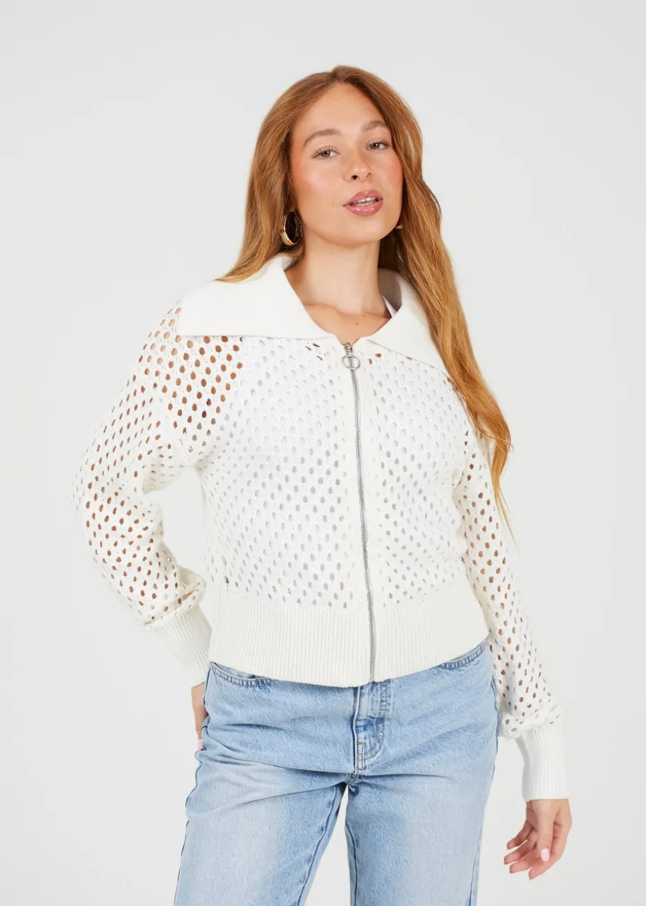 Brave Soul White Crochet Knit Zip Through Cardigan
