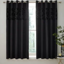 Catherine Lansfield Black Lattice Cut Velvet Lined Eyelet Curtains Two Panels