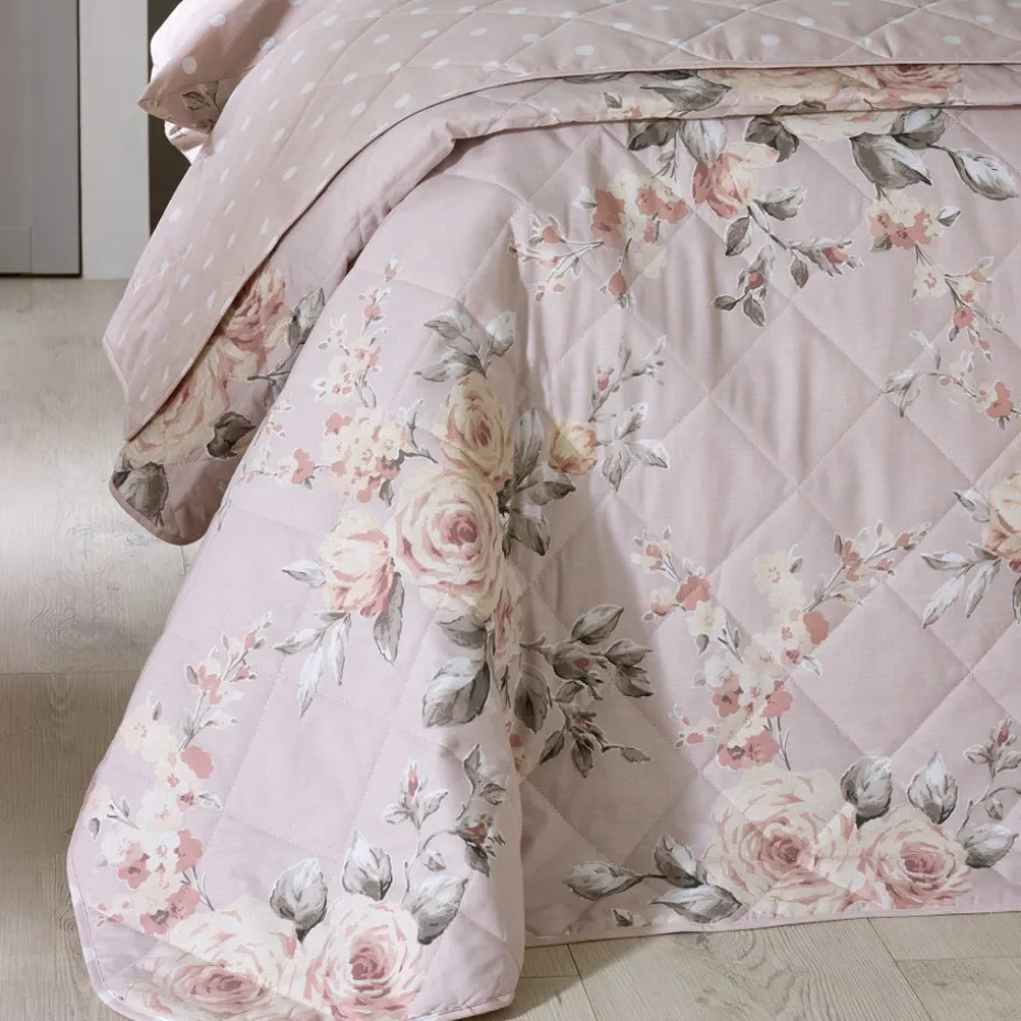 Catherine Lansfield Blush Pink Canterbury Floral Reversible Quilted Bedspread