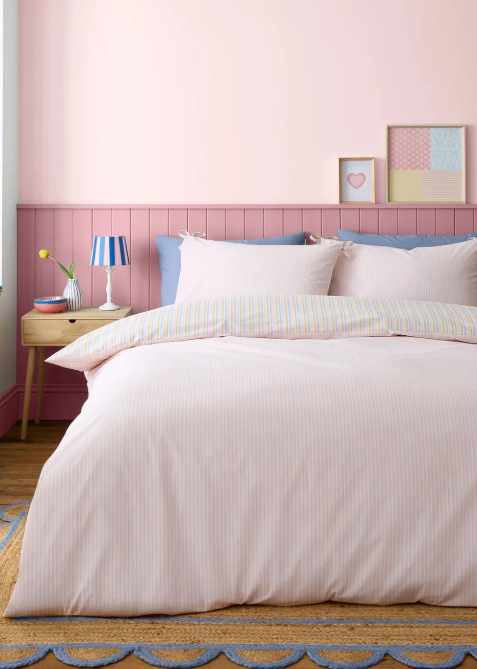 Catherine Lansfield Brighton Stripe Bow Trim Pastel Duvet Cover Set