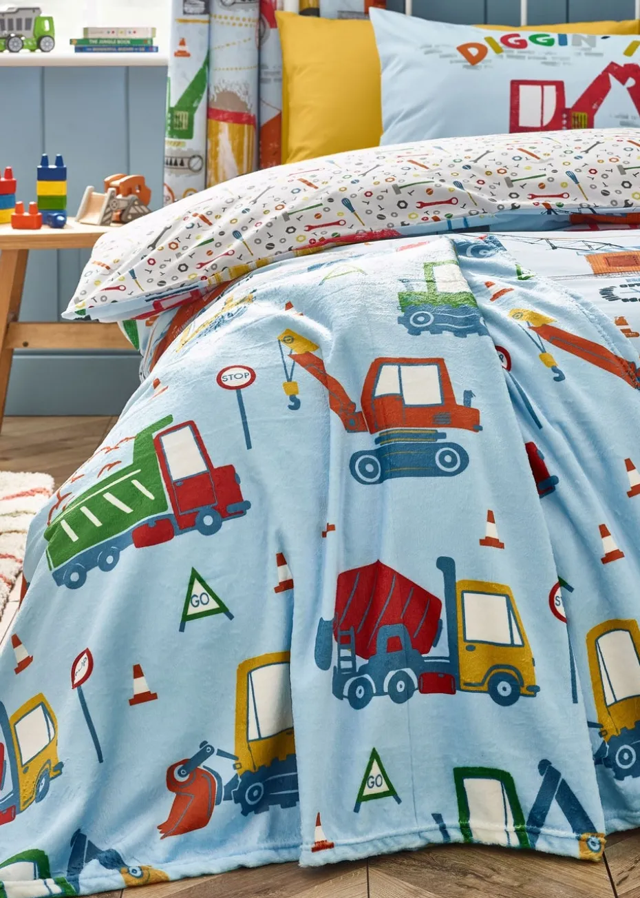 Catherine Lansfield Kids Digger Dreams Cosy Blue Fleece Blanket Throw