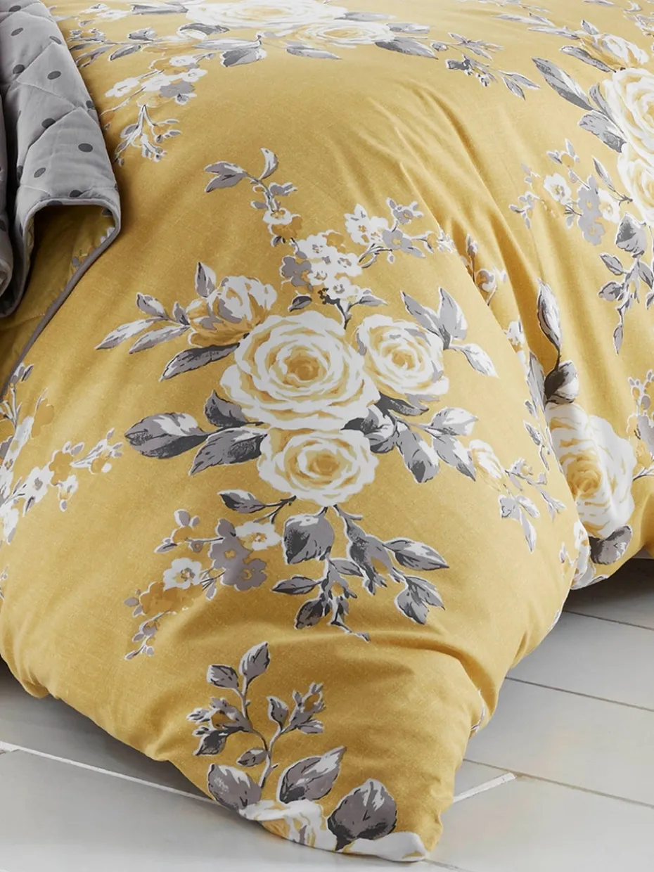 Catherine Lansfield Ochre Yellow Canterbury Floral Reversible Duvet Cover Set with Pillowcases