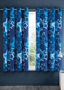 Catherine Lansfield Ombre Stars Fully Reversible Bright Blue Eyelet Curtains