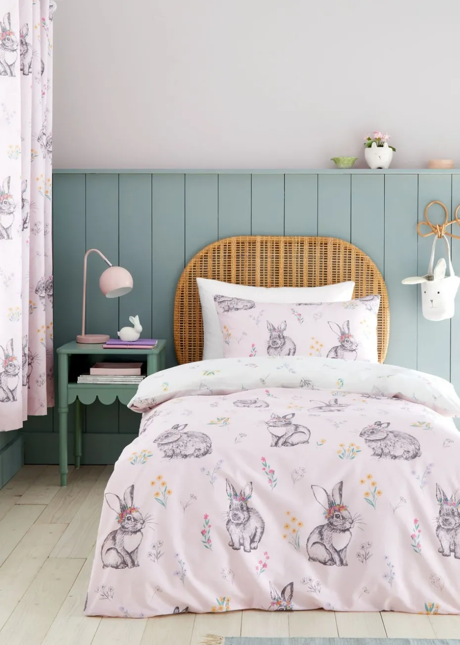 Catherine Lansfield Pink Bunny Tails Ditsy Flowers Reversible Duvet Cover Set
