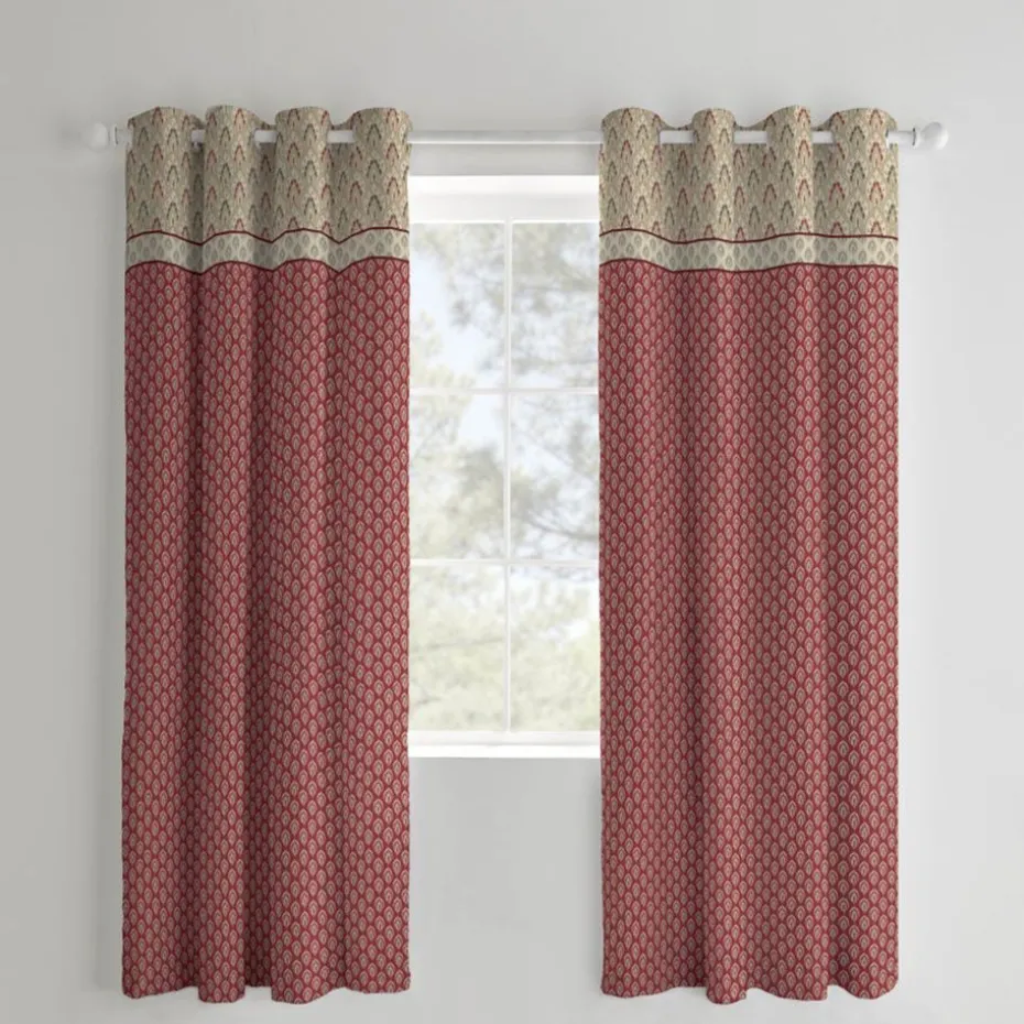 Catherine Lansfield Red Natural Kashmir Paisley Floral Lined Eyelet Curtains Two Panels