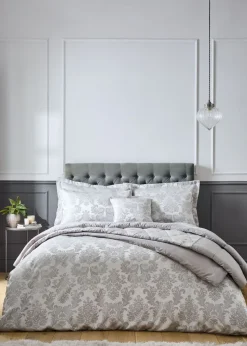 Catherine Lansfield  Silver Grey Damask Jacquard Lined Eyelet Curtains Two Panels