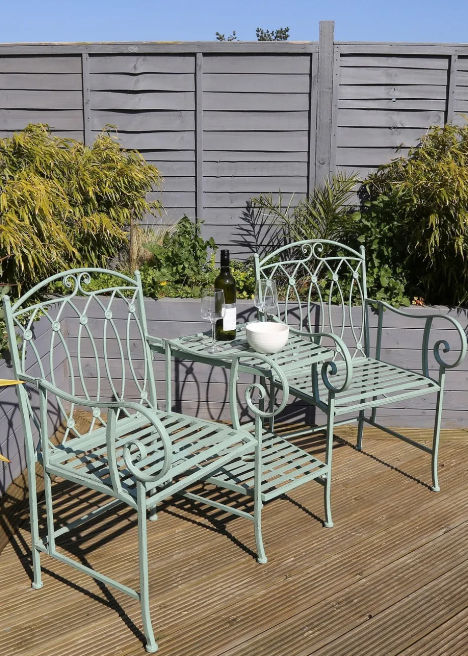 Charles Bentley Wrought Iron Rustic Companion Seat for Two Sage Green (H68.5cm x W155cm x D91.5cm)