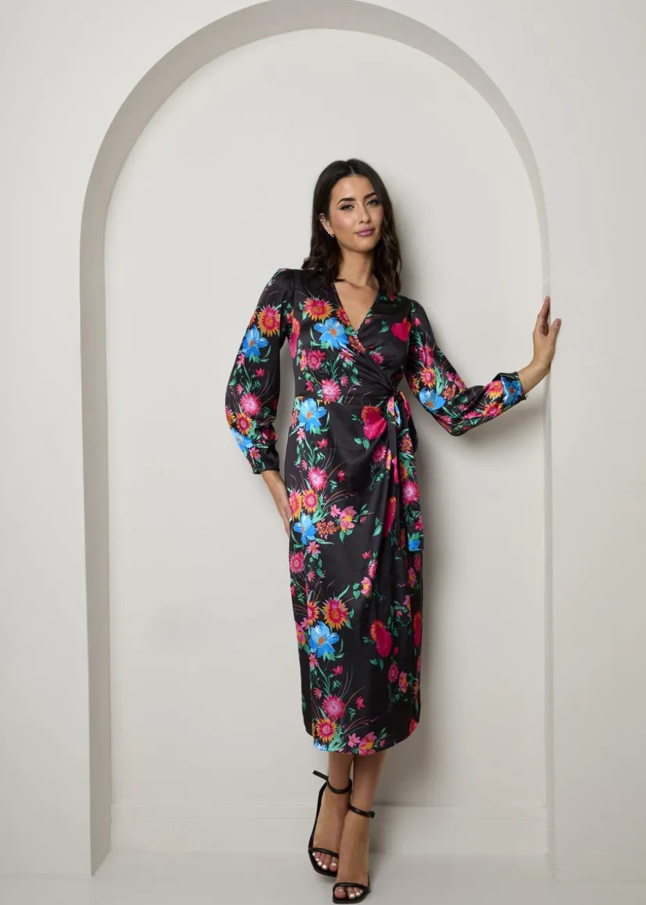 Chi Chi London Black Plus Size Long Sleeve Floral Wrap Dress