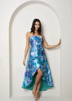 Chi Chi London Blue Bandeau Sweetheart Floral Wrap Detail Dip Hem Dress