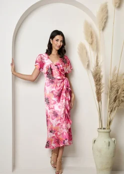 Chi Chi London Pink Plus Size Flutter Sleeve Satin Wrap Dress