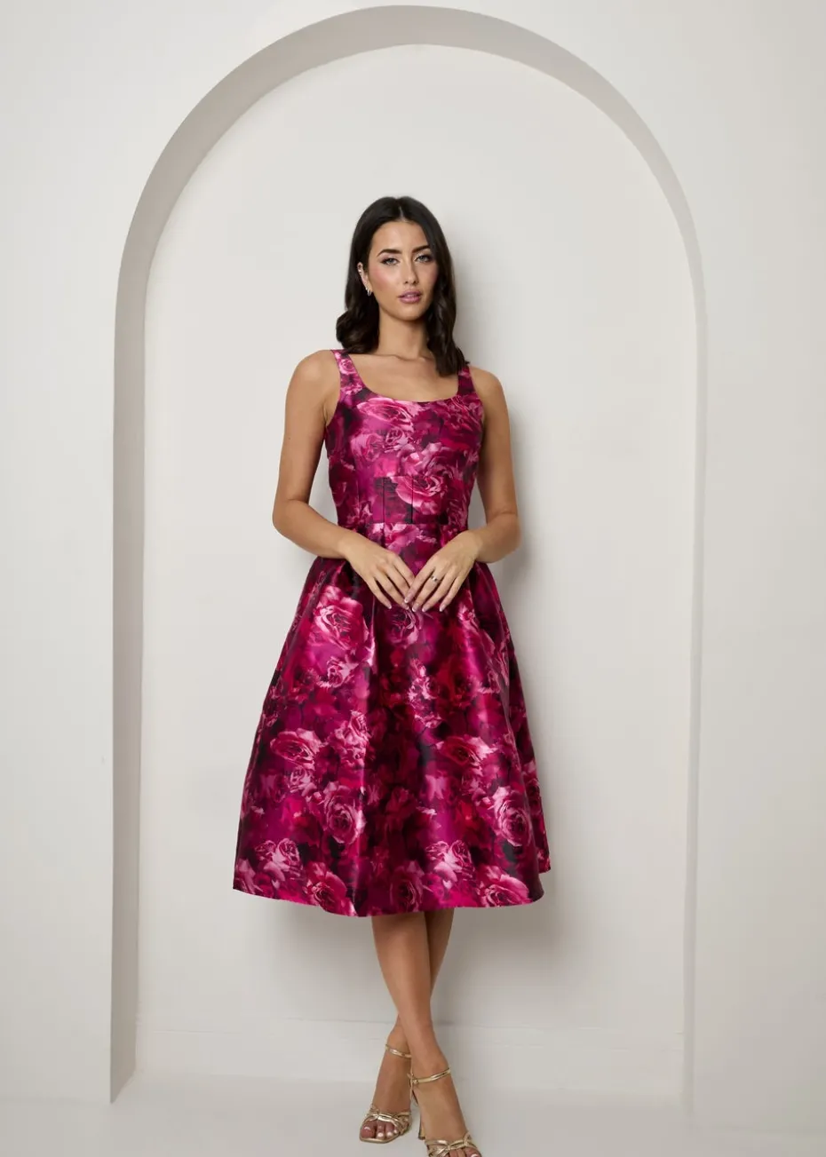 Chi Chi London Purple Plus Size Sleeveless Floral Fit and Flare Midi Dress