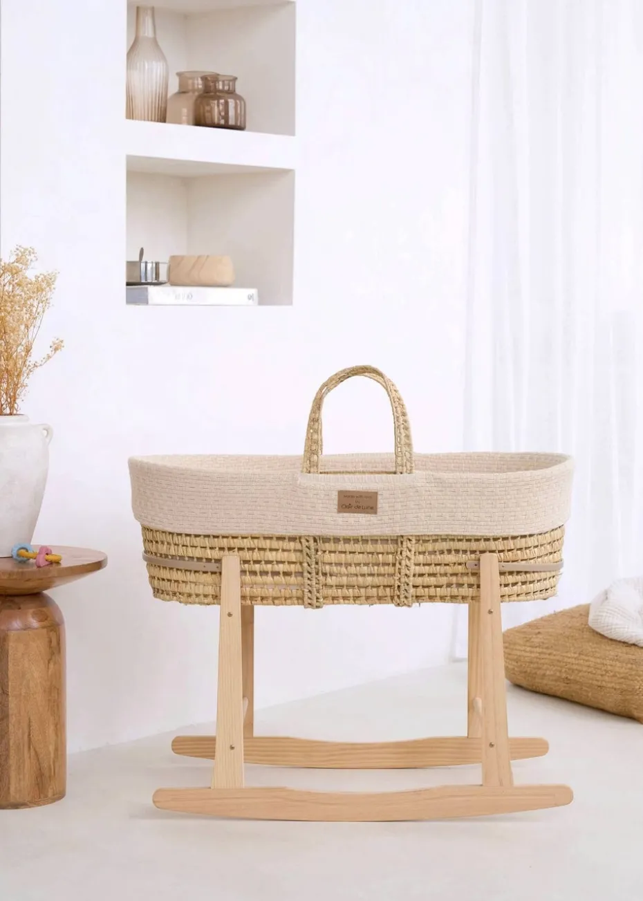 Clair de Lune Organic Cream Knitted Moses Basket With Natural Rocking Stand