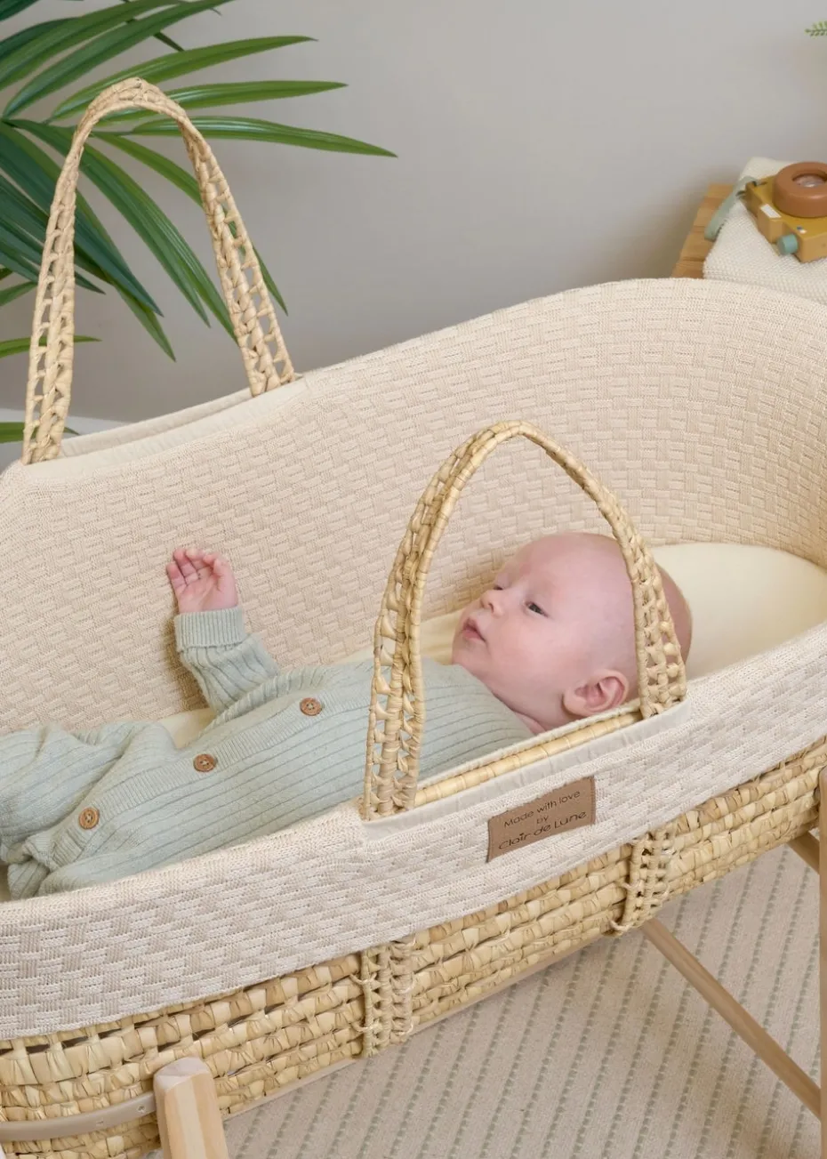 Clair de Lune Organic Cream Knitted Moses Basket With Natural Rocking Stand