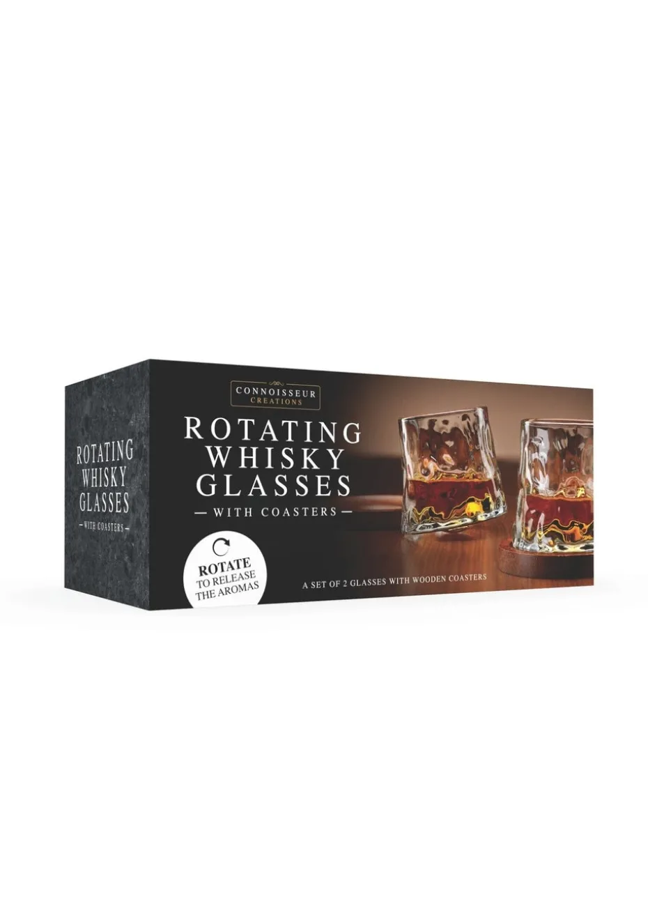 Connoisseur Creations Clear Rotating Whisky Glasses with Coaster Set of 2