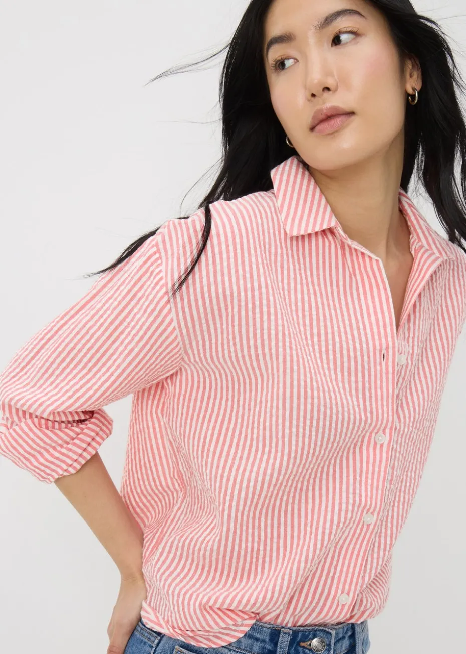 Coral Stripe Seersucker Cotton Shirt