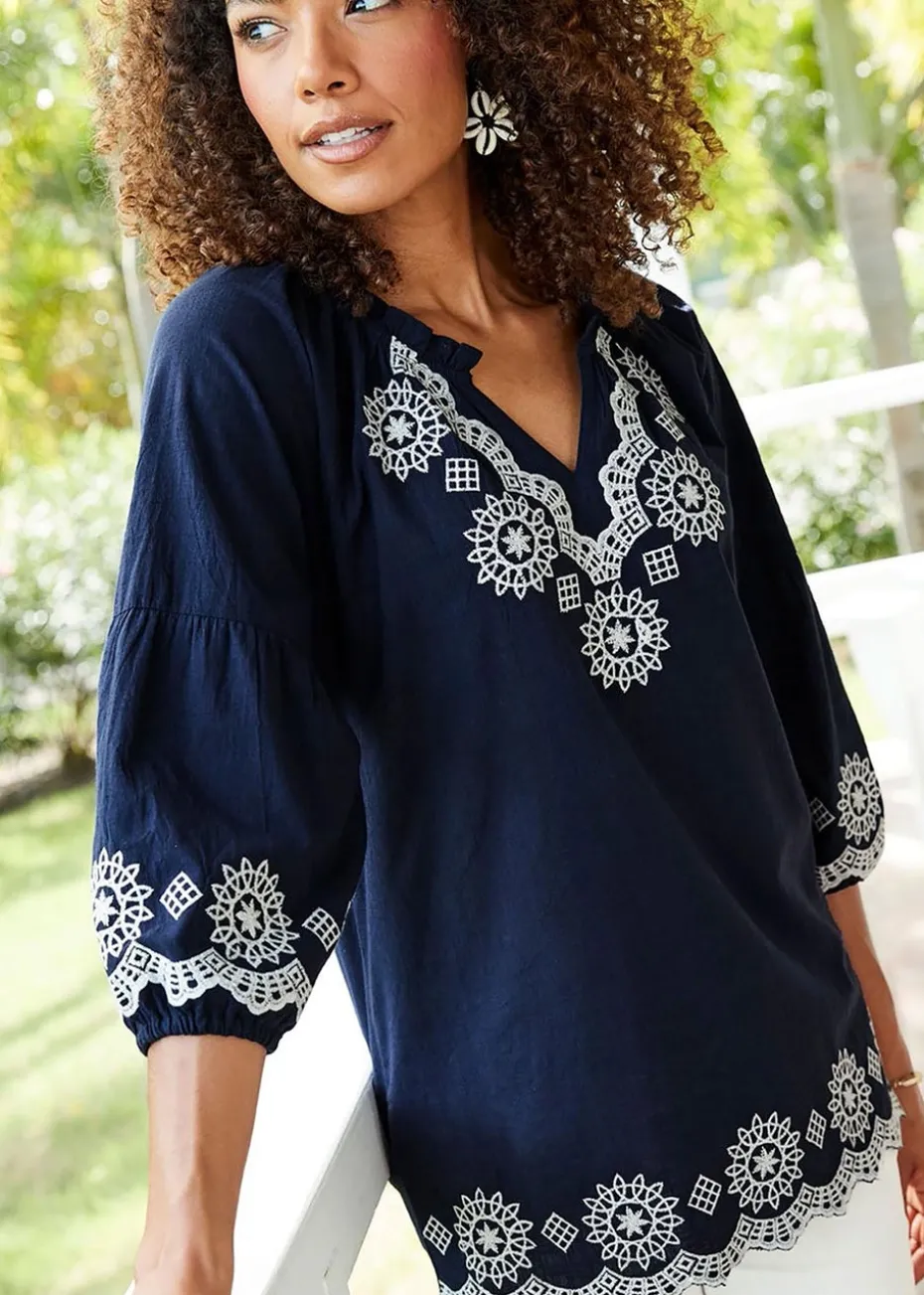 Cotton Traders Dark Blue Embroidered 3/4 Sleeve Top